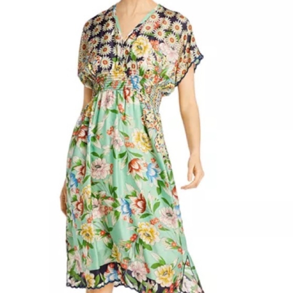 Johnny Was Green Floral Silk Dress